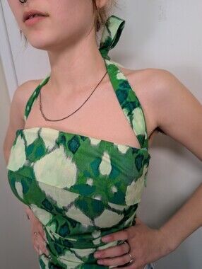 ZARA GREEN HALTER TOP ABSTRACT PRINT TIE BACK FITTED SUMMER TOP